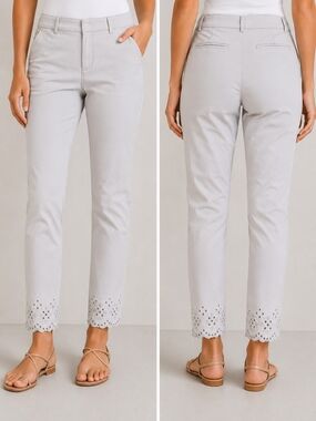 LOFT Light Gray Chino Cropped Ankle Pants w Eyelet Embroidered Scallop Hem Sz 6